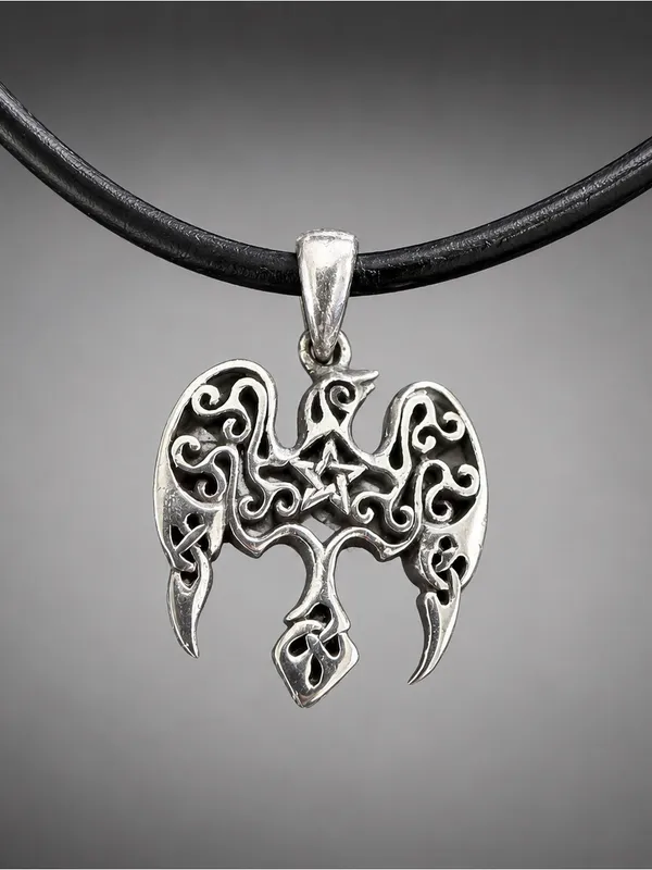 Sterling Silver Gothic Bird On Black Leather Cord - Image 2