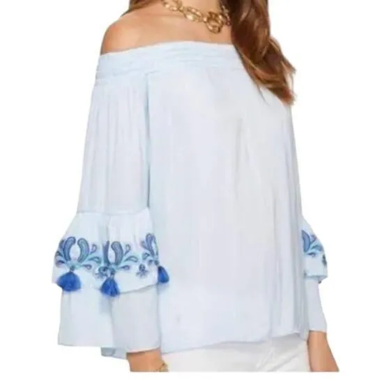 Lilly Pulitzer womens xxs blue off shoulder top tassle fringe flaw cute beachy - Image 2