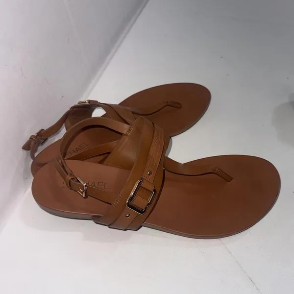 MICHAEL KORS Thong Sandals Brown Faux Leather Slingback Designer Shoes Sz 10‎ M - Image 11