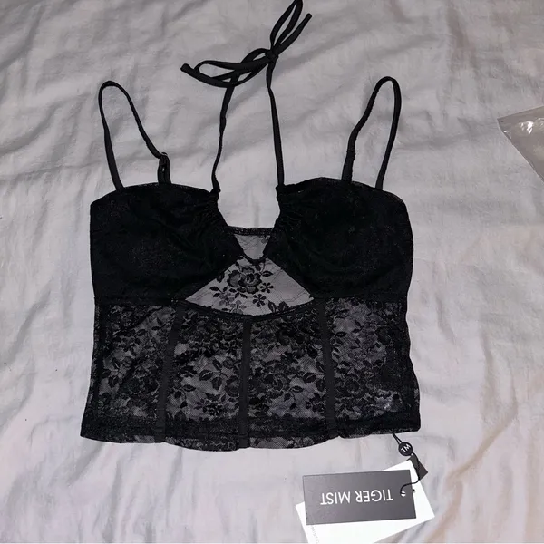 Tobias Top Black Small, Lace Halter Tank Top, Crop, Adjustable Straps - Image 4