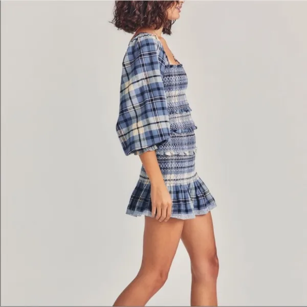 LoveShackFancy Stanley Blue Plaid Smocked Mini Dress Medium - Image 4