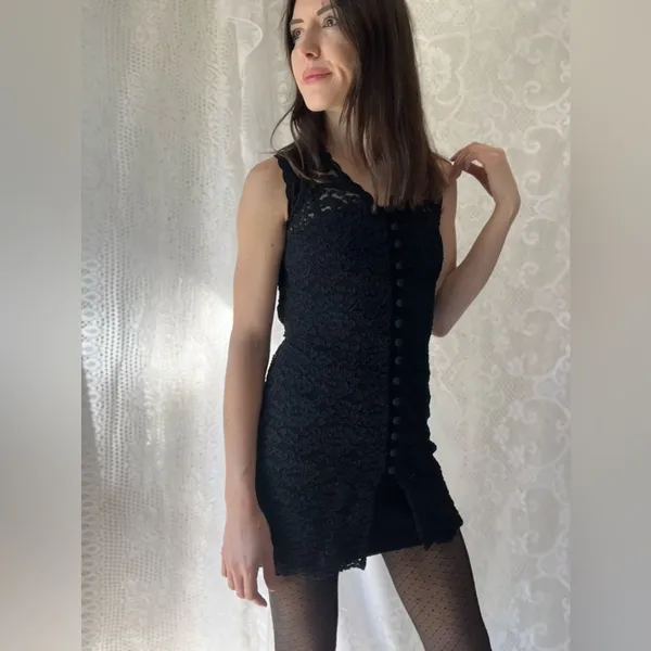 Vintage Laundry by Shelli Segal Black Lace Tunic Dress Button Front Size 4 - Image 7