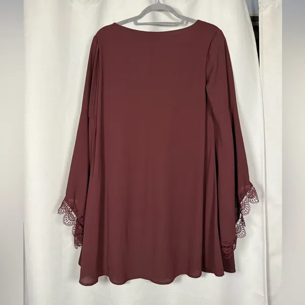 ASTR The Label Burgundy Bell Sleeve Lace V Neck Shift Dress - Image 3