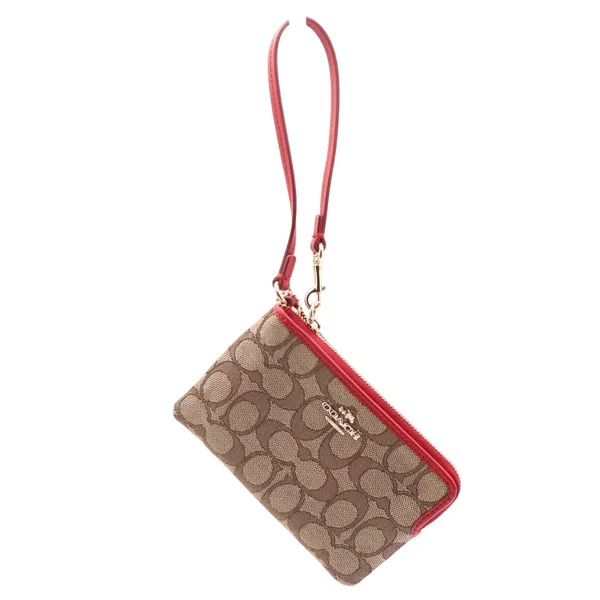 Coach Small Wristlet Signature Canvas Khaki Red Leather F58035 Gold Hardware - Image 3
