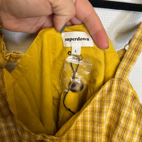 Superdown Yellow Plaid Button Front‎ Mini Dress Adjustable Straps Pockets Large - Image 6