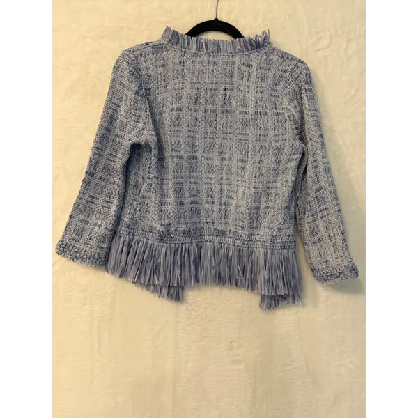 White House Black Market Blue Textured Fringe Open‎ Front Cardigan Medium - Image 3