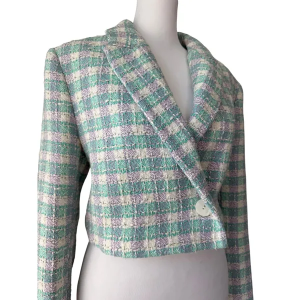 Zara Sea Green, Lavender & White Textured Cropped Single Breasted Blazer - Image 5