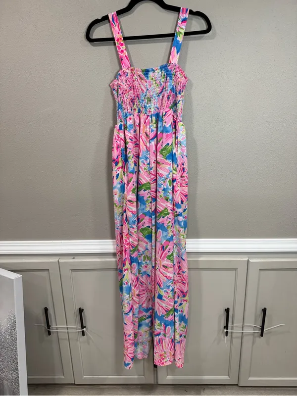Smocked Floral Wide-Leg Jumpsuit in Pink & Blue - Image 6