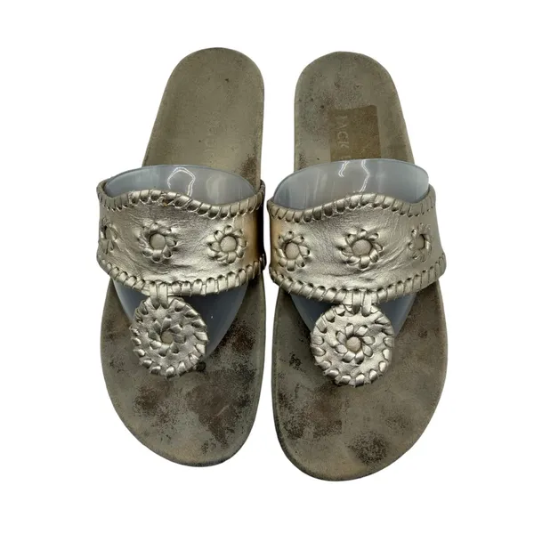 Jack Rogers‎ Jacks Flat Sandals Women 7 Gold Metallic Whipstitch Rondelle Preppy - Image 2