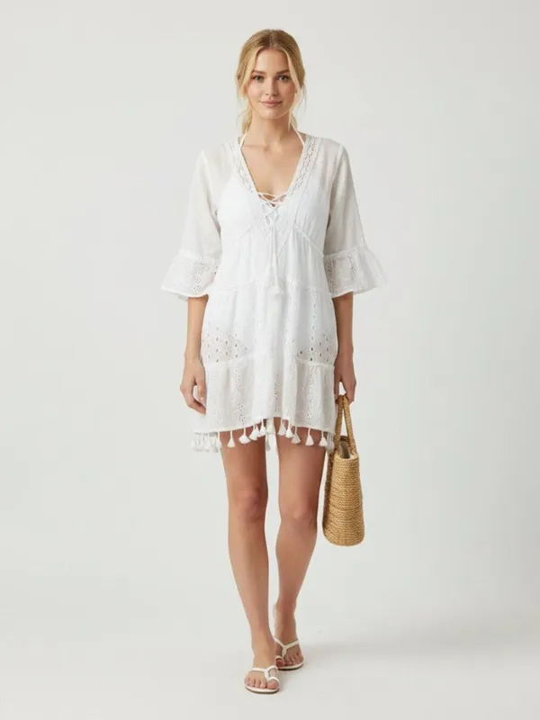 Me 2 Magic White 3/4 Sleeve Crochet Eyelet Lace Mini Dress M - Image 5