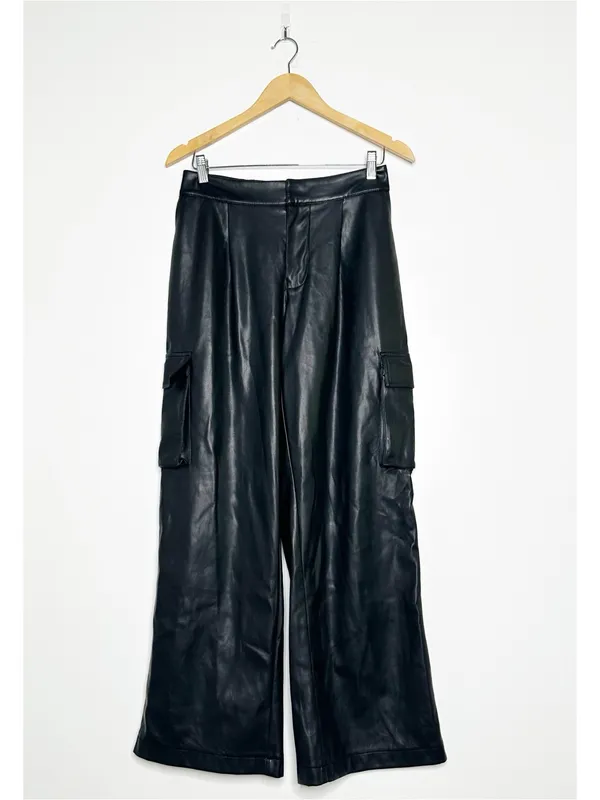 Urban Outfitters Black Faux Leather Wide Leg Cargo Pants Size Small - Image 3