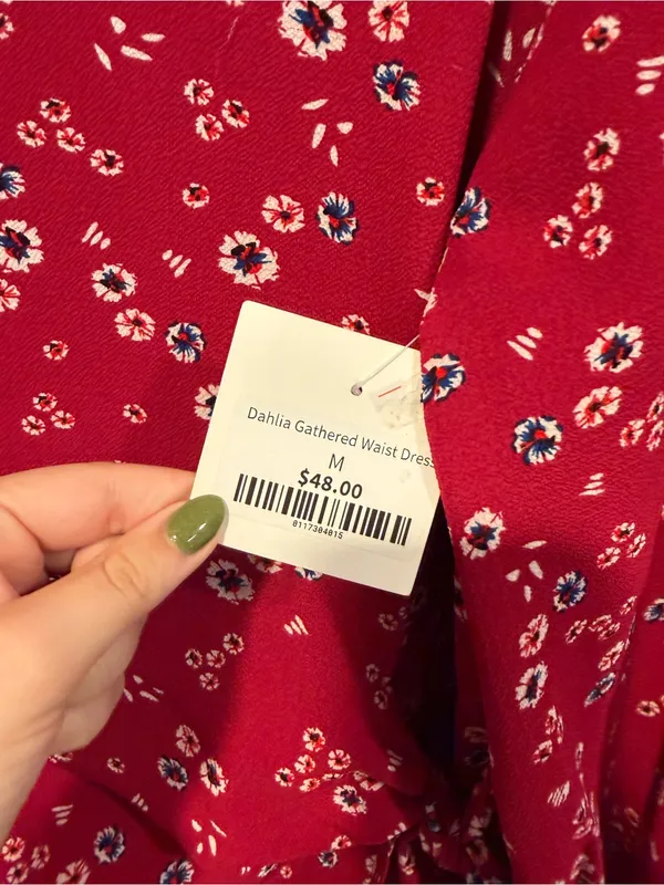 Red Floral Tie-Waist Entro Dahlia Gathered Waist Women's Dress NWT - Image 3