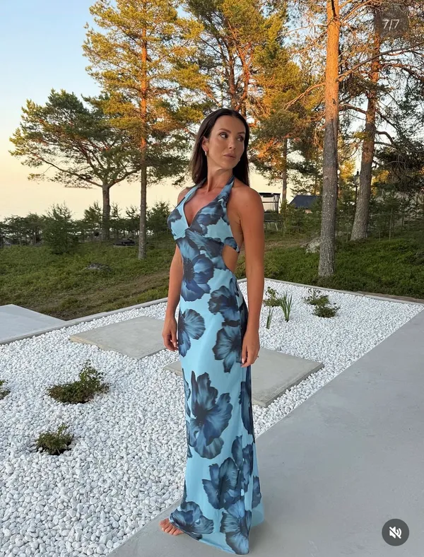 Zara Blue Long Floral Halter Maxi Dress Wedding Party Evening - Image 7