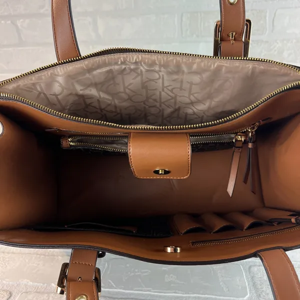 Calvin‎ Klein Signature Tote Shoulder Bag Brown CK Monogram Print Brown Leather - Image 9