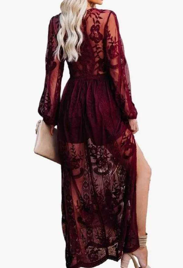 Mesh Lace Overlay Long Sleeve Maxi Dress Maroon Large - Image 2