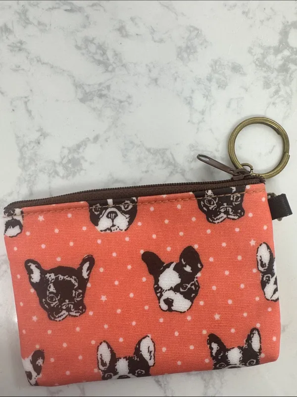 Coral Bulldog Print Zip Coin Pouch with Keyring - Image 3