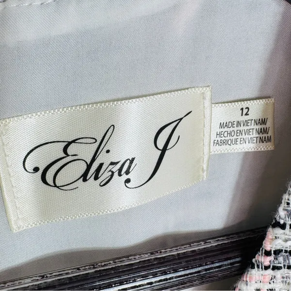 Eliza J Spring Tweed Fringe Hem Fit‎ Flare Dress White Pink Black Size 12 - Image 12