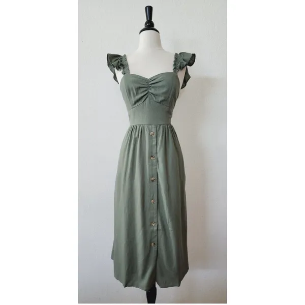 Audrey Parks Francesca's Sage Green Linen Blend Midi Dress‎ Size XL - Image 5