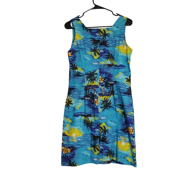 Royal Creations Hawaii Women's Shift Dress Large Blue Tropical Palm Tree Cotton - Image 6
