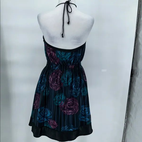 DKNY Jeans Black Fabric Floral Silk Satin Halter Dress Backless Dress Size Large - Image 8