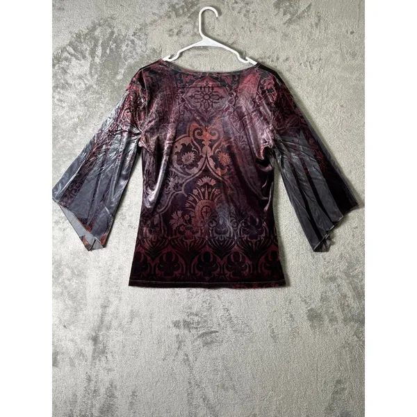 Vintage Sheer Mesh Paisley Bell Sleeve Top Y2K Boho Goth Festival Fairy Grunge M - Image 3