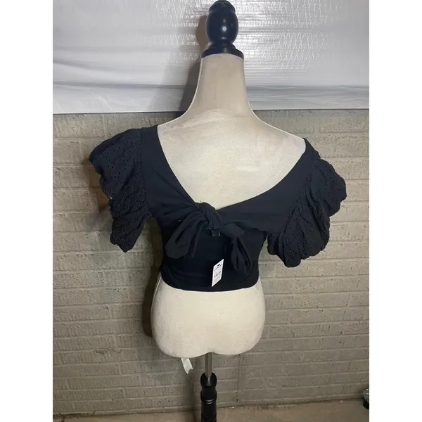 NWT EXPRESS‎ Women's Black Tie Back Puff Sleeve Eyelet Blouse Shirt Size S - Image 3