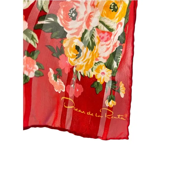 Oscar de la Renta Silk Floral Scarf Print 50” X 10.5” Sheer Rose - Image 2