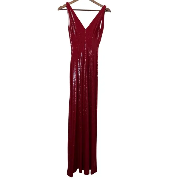 Halston Heritage Whitney Red Sequin Plunge Maxi Gown Size 4 - Image 4