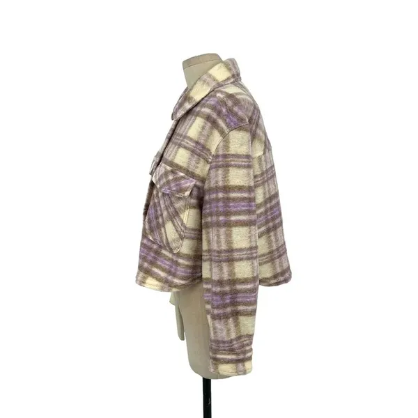 Zara Cropped Plaid Jacket Shacket Purple Cream‎ Size Large - Image 6