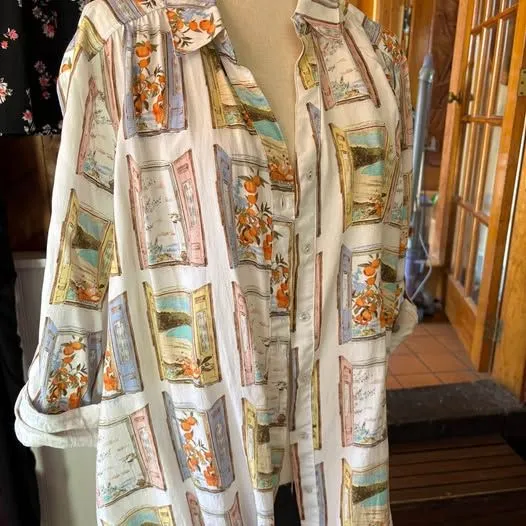 Long Sleeve Button-Down Shirt with Window and Orange Print 1X - Image 5