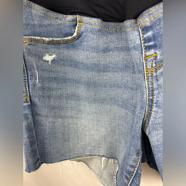 Isabel Maternity Mid Short Denim Jean Shorts Blue Raw Hem Crossover Panel - Image 7