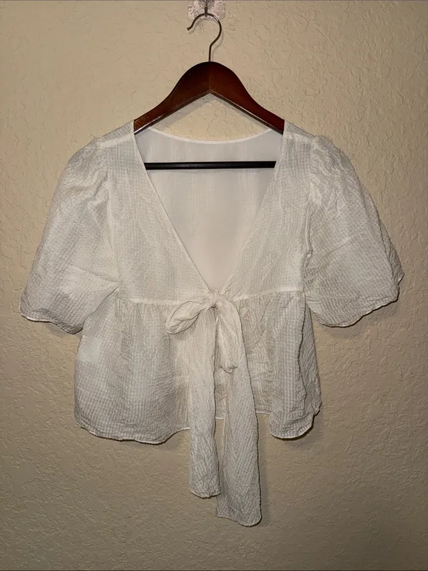 Club Monaco Ivory Tie-Front Puff Sleeve Blouse silk size small tie back - Image 2