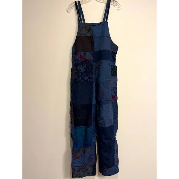 Patchwork Overalls Cotton Blue Crochet Heart Boho Hippie Women Size M - Image 2