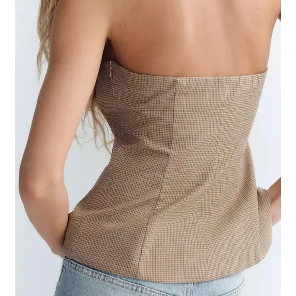 NWT Zara Checkered Plaid Covered Button Corset Strapless Top in Tan - S - Image 4