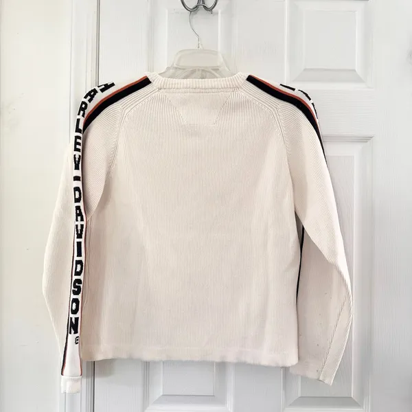Harley Davidson Women Ivory Spellout Sleeve Ribbed Heavy Knit Sweater XL Y2K - Image 7