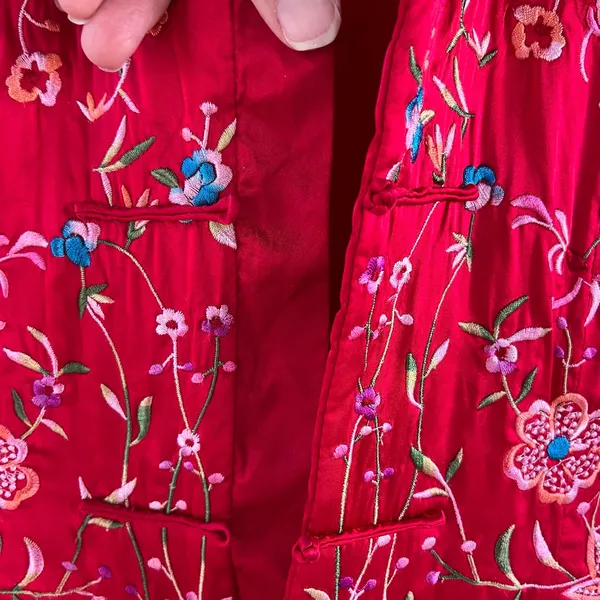 Women's Red Embroidered Asian Satin Jacket Size S - Image 4