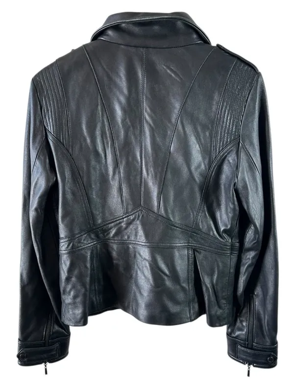 Kenneth Cole Reaction Black Leather Moto Jacket Women’s L Y2K Biker Zip - Image 7