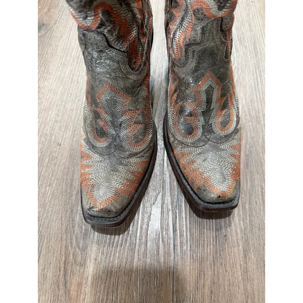 Corral Women‎ Grey Orange Embroidered Leather Snip Toe Western Cowboy Boots - Image 2