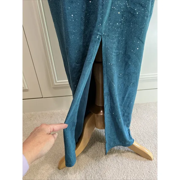 Aomei Teal Velvet Sparkle Maxi Dress Stretch Old Hollywood Glamour Opera Theater - Image 4