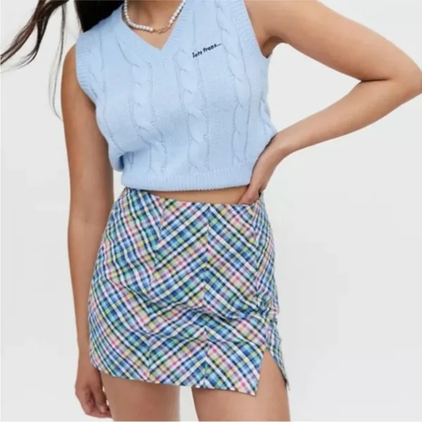 URBAN OUTFITTERS LANDON SEAMED BLUE CHECKERED PLAID COTTON Preppy Skirt M - Image 2