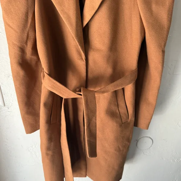 Ontwefth Tan Brown Belted Coat Womens Size S Puffy Sleeves Lined Long Preppy‎ - Image 3