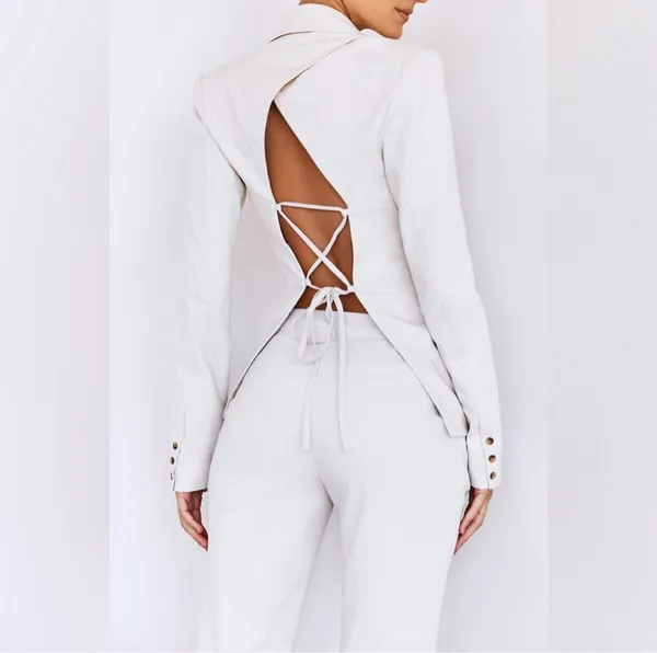 House Of CB Mistress Rocks Beige White Open Back Lace Up Suit blazer Jacket Top Blouse Shirt - Image 2