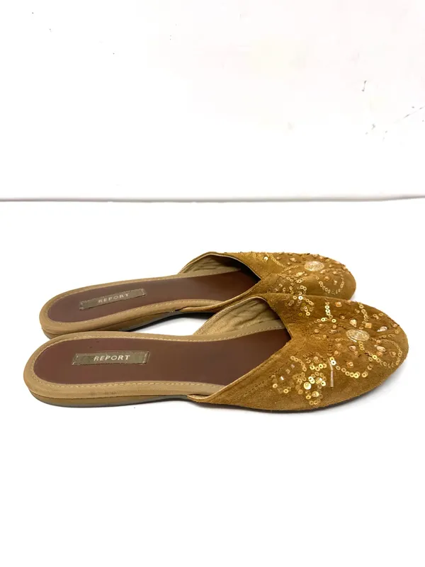 REPORT brown fabric/sequins/beading slides, unmarked size 9 - Image 6