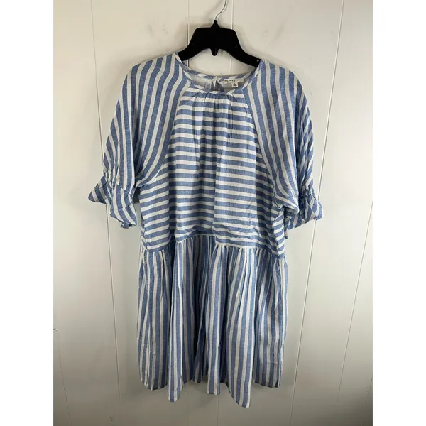MAISIE Lex Puff Sleeve Babydoll Style Dress In Blue/White Stripe. NWOT. Size L. - Image 2