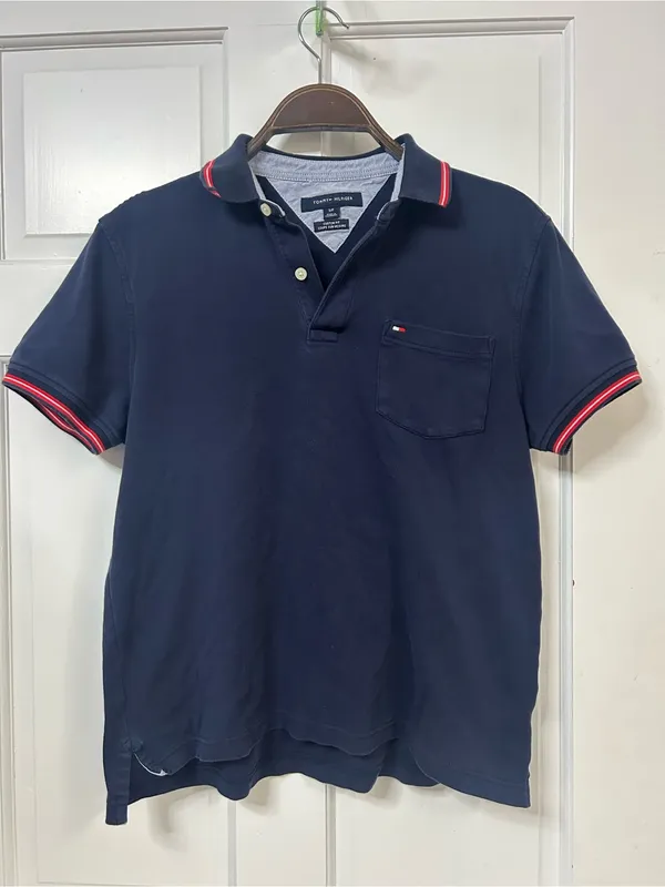 Tommy Hilfiger Navy Polo Top with Red & White Trim - Image 2