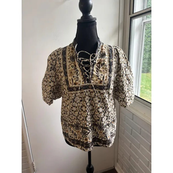 Anthropologie Pleated Puff Sleeve Blouse Small Boho cottage core croquette - Image 2