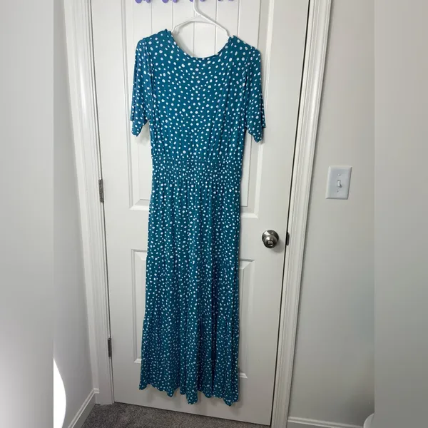 NWOT Serra women’s blue white polka dotted spotted tiered stretch maxi dress‎ M - Image 5