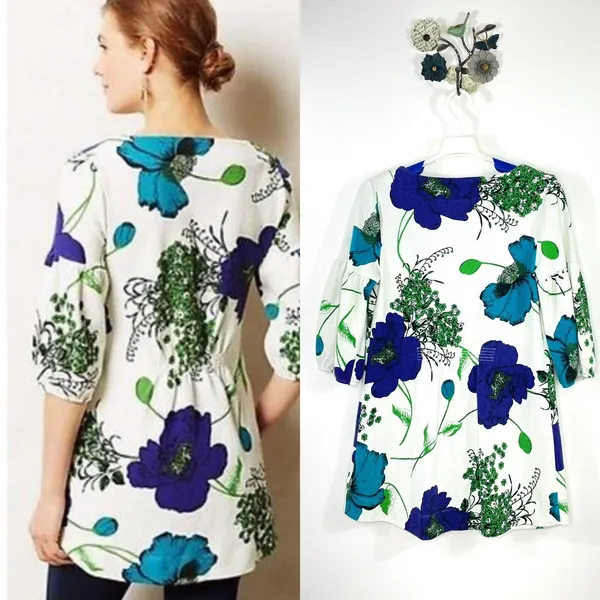 Anthropologie Deletta Haru Size Medium Floral Tunic Top Blue Green Puff Sleeve - Image 3