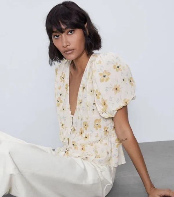Zara Puff Sleeve Floral Button Front Top XS - Image 3