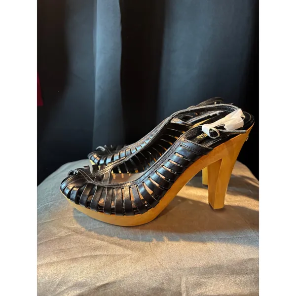 Michael Kors Black Leather Wood Platform Slingback Sandals Heels Size 10M - Image 2